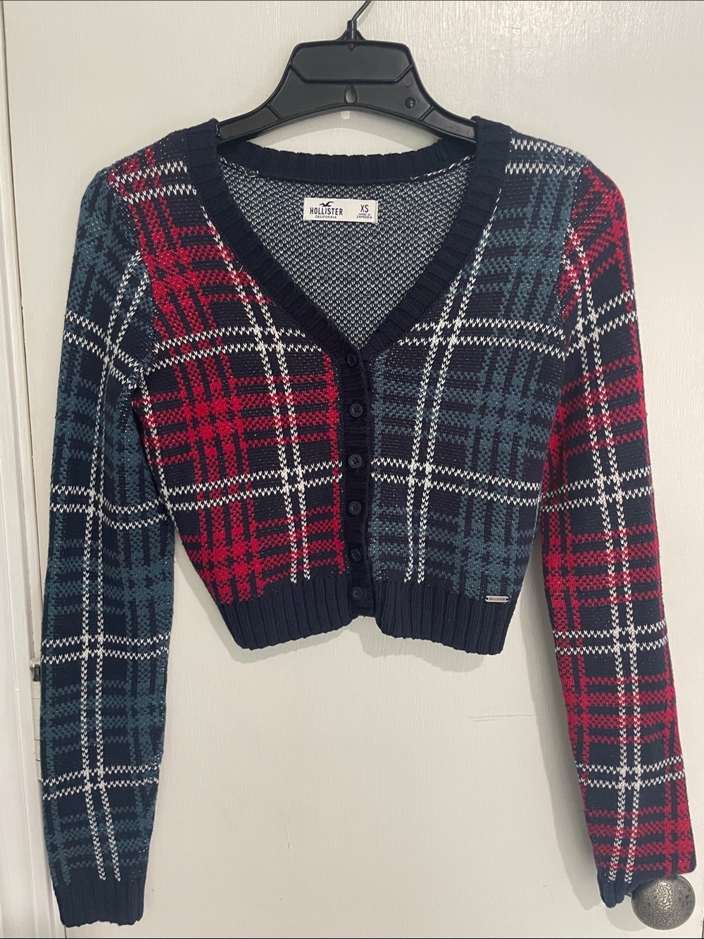 Hollister Plaid V-Neck Cropped Cardigan Sweater - Navy, Red, Teal